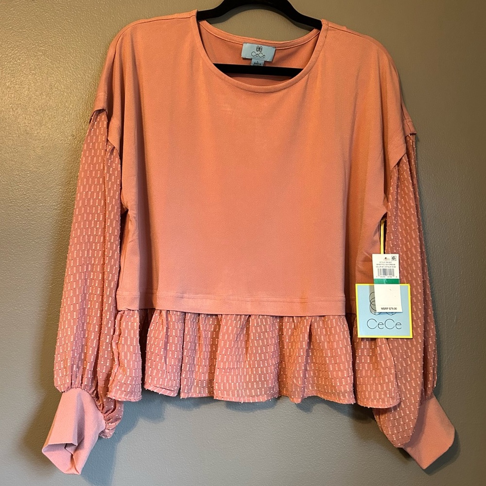 NWT CeCe Sz Large Antique Rose Whistful Daydream Dual-Texture Blouse!